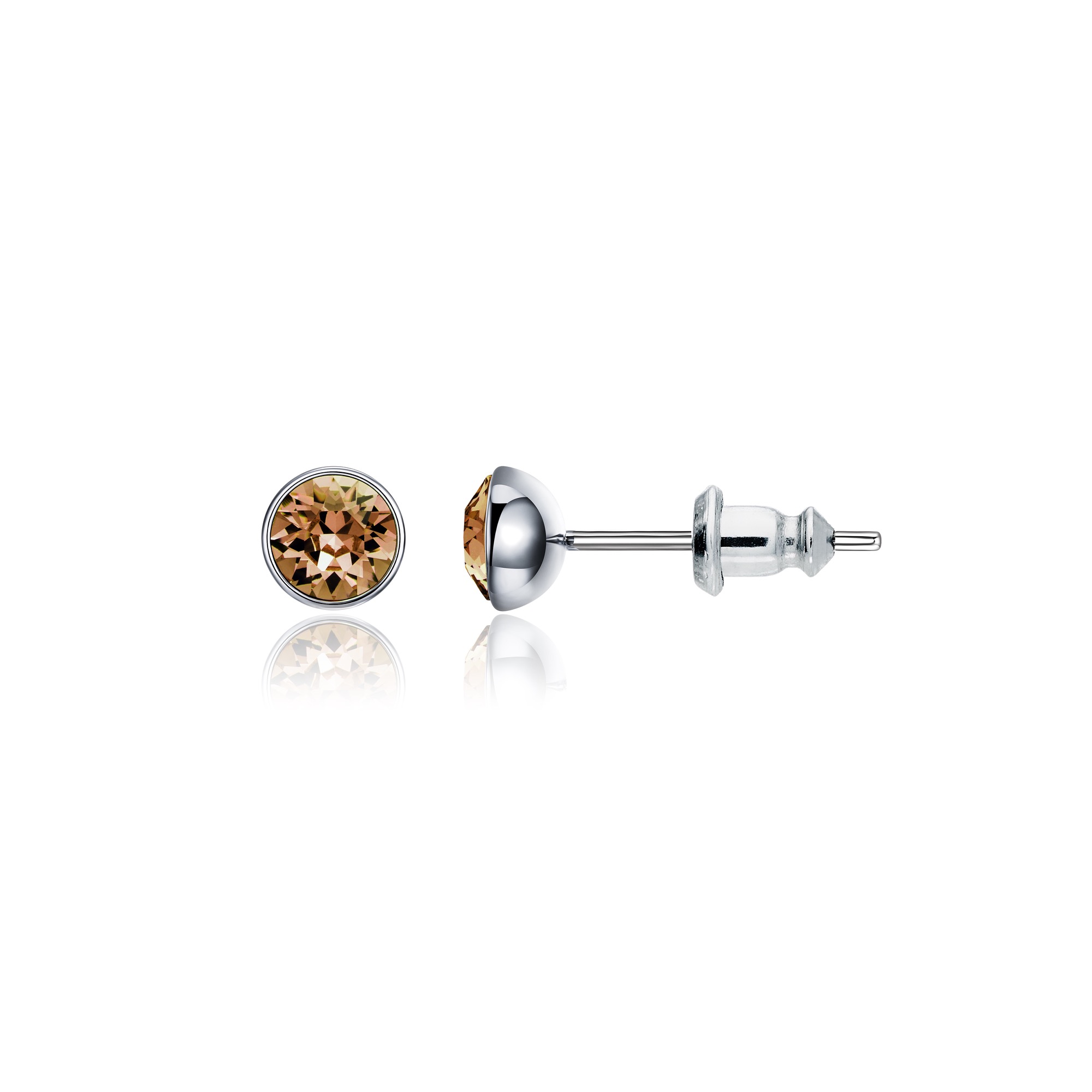 Signature Stud Earrings with Carat Light Smoked Topaz Swarovski Crystals 3 Sizes Rhodium Plated