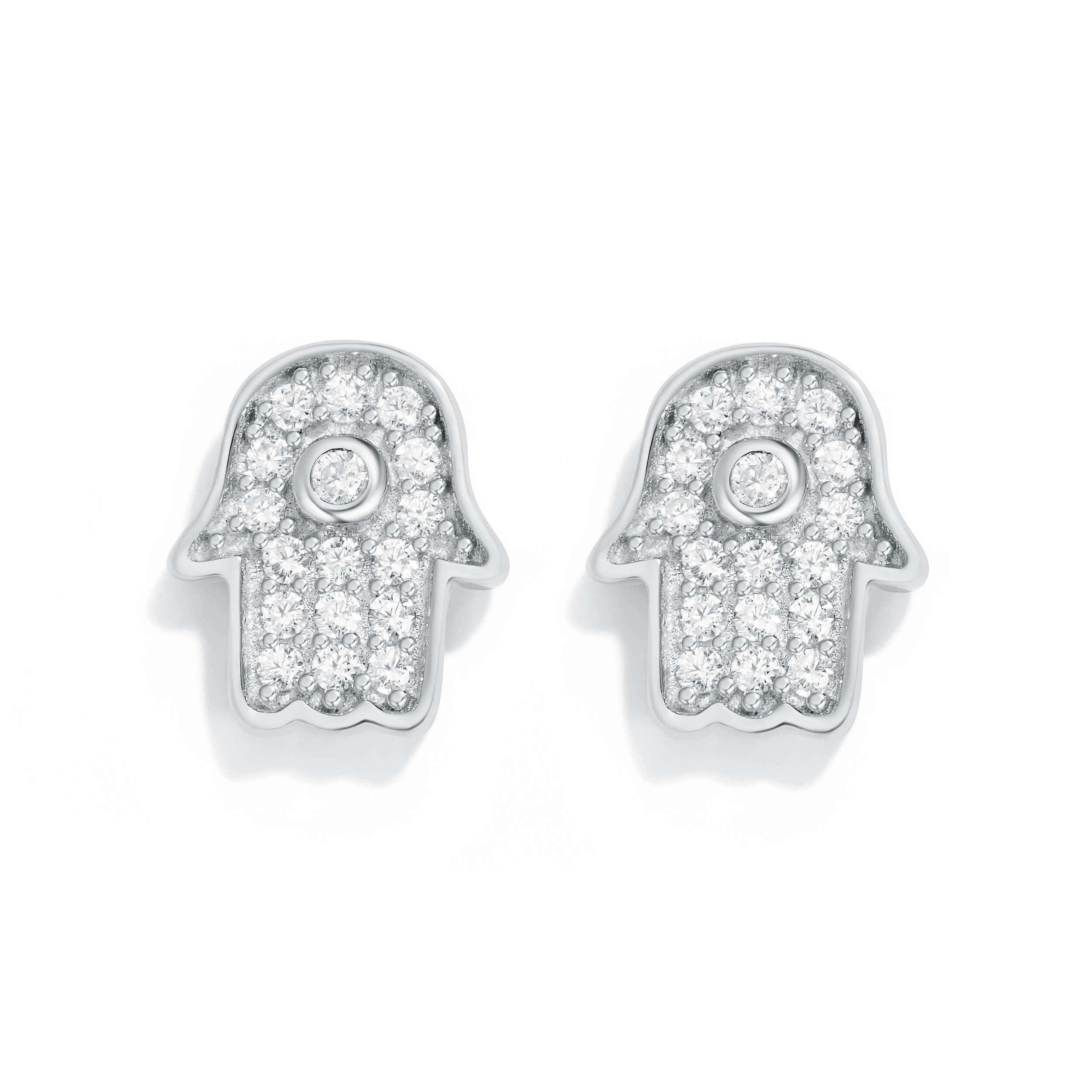 Hamsa Hand CZ Pave Stud Earrings in Sterling Silver Rhodium Plated