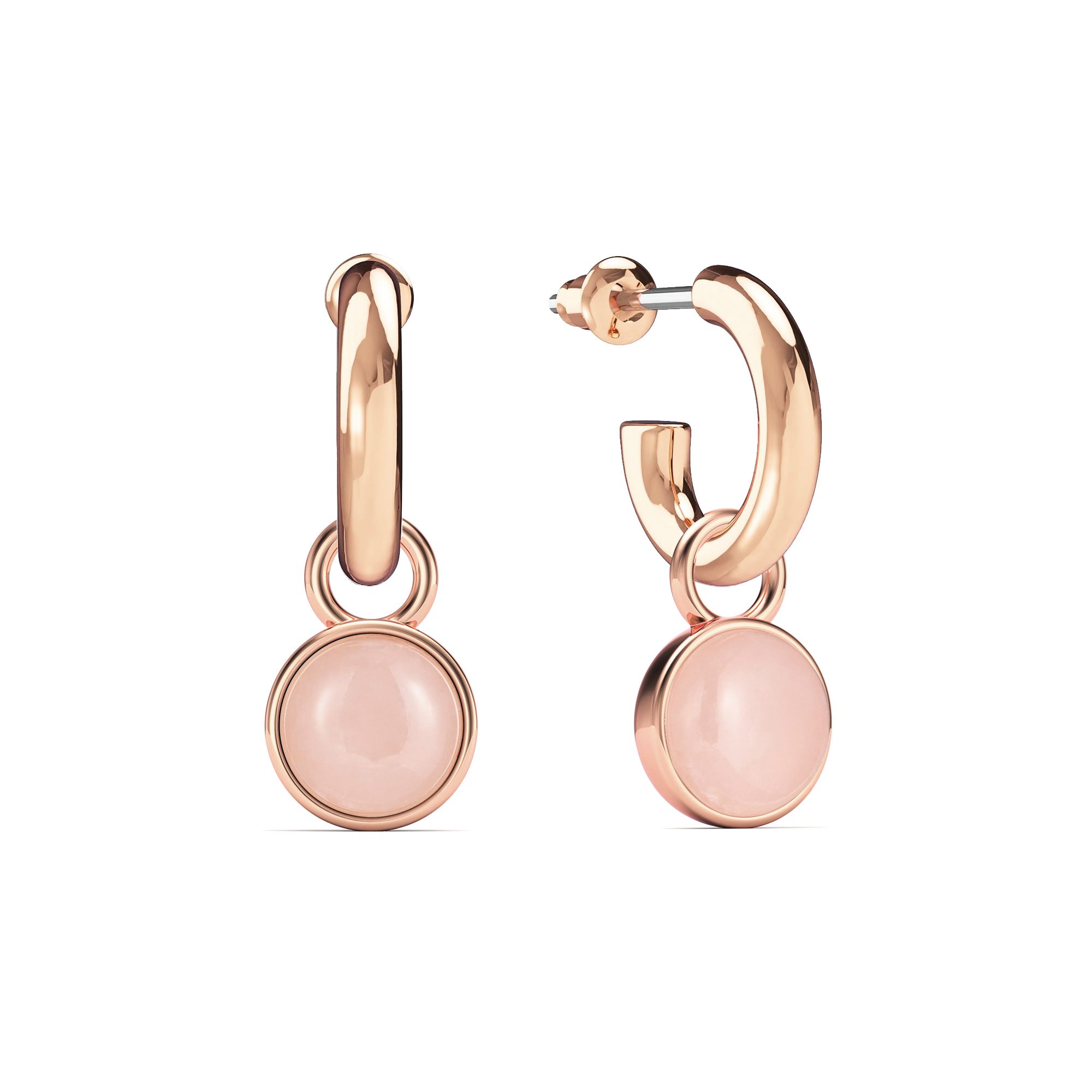 Round Cabochon Rose Quartz Drop Earrings Rose Gold Plated