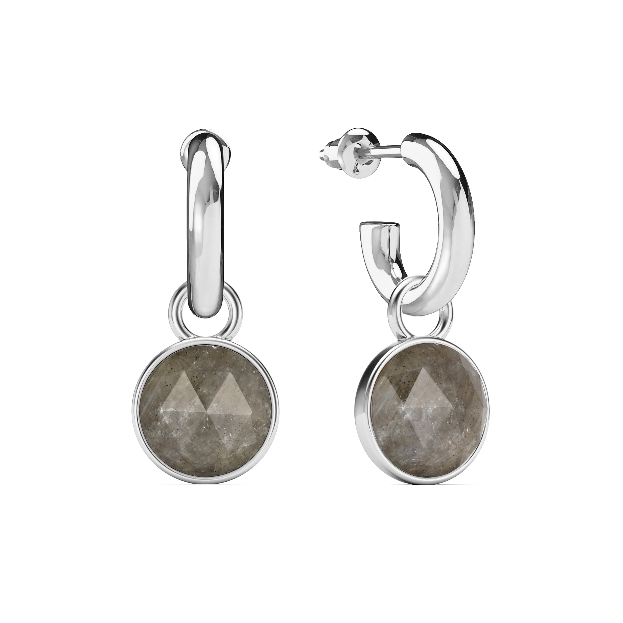 Round Rose Cut Grey Moonstone Drop Earrings Rhodium Plated