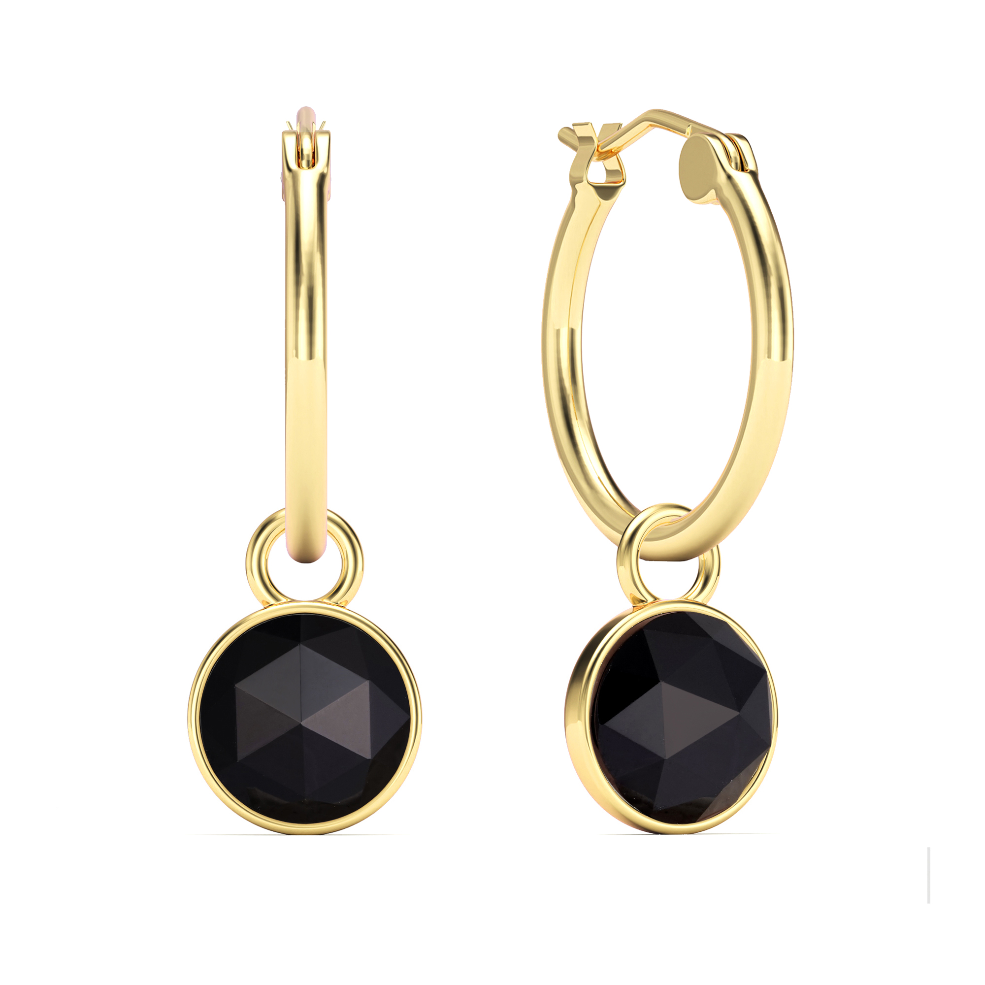 Round Rose Cut Black Onyx 18mm Hoop Drop Earrings Gold Plated
