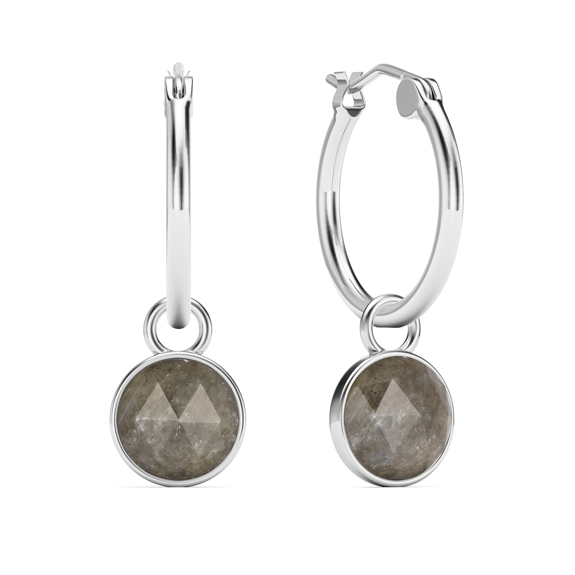 Round Rose Cut Grey Moonstone 18mm Hoop Drop Earrings Rhodium Plated